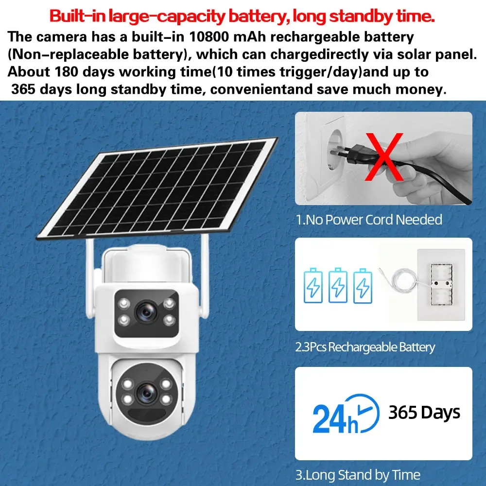 4K Auto Tracking CCTV WiFi PTZ IP Camera Solar Powered Outdoor Dual Lens Wireless Security Surveillance Camera 2 Way Audio 8MP