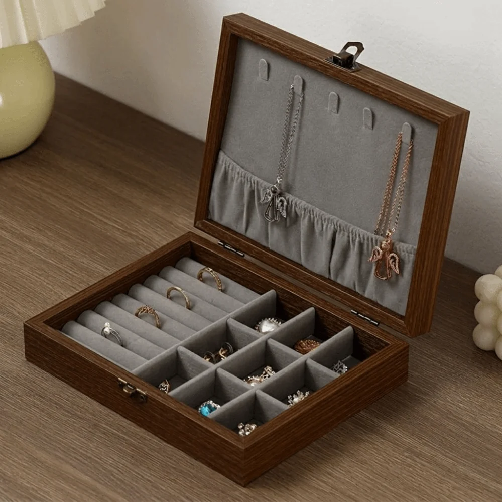 Walnut Wood Jewelry Organizer Box Velvet Interior Metal Latch Glass Lid Velvet Lined Dust-Proof Hinged Lid Wood Jewelry Box