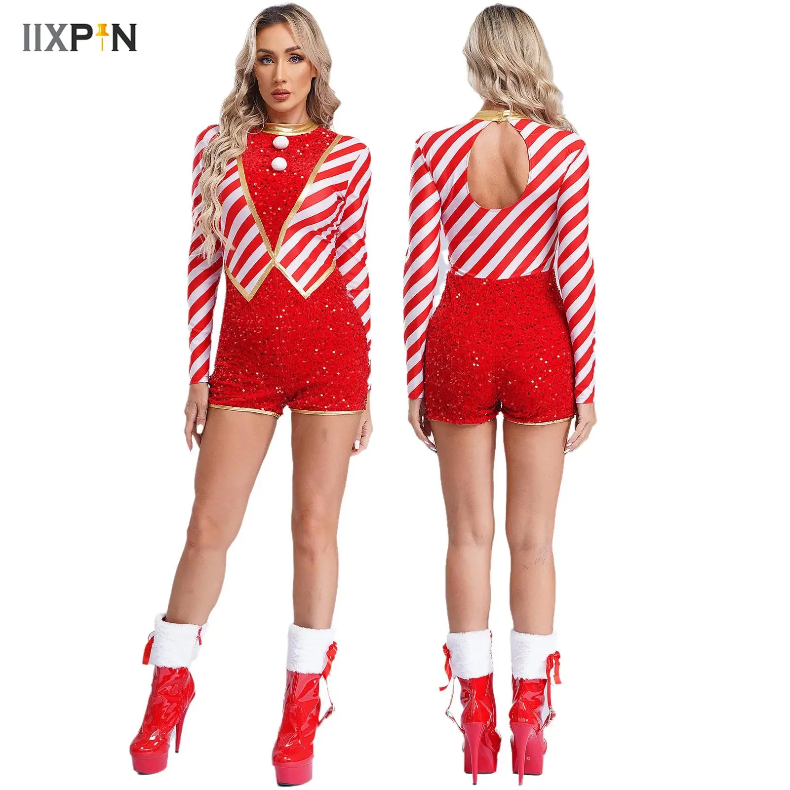 

Women Christmas Candy Cane Jumpsuit Long Sleeve Sequins Stripes Pompoms Bodysuit Xmas Santa Claus Cosplay Costume Dancewear 2024