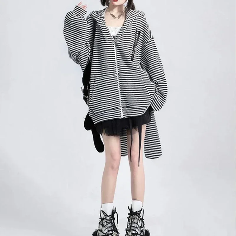 Deeptown Kawaii Bunny Ear Striped Knitted Hoodies Women Harajuku Y2k Zip Up Sweatshirts Japanese Style Autumn Winter Hoodies