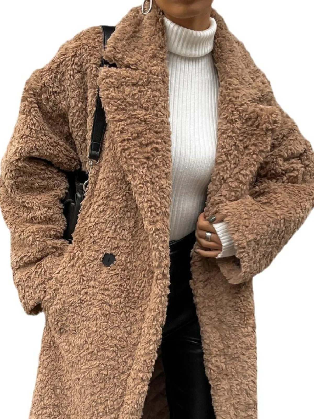 

Ele Long Sve Furry Jaet Women's Street Sle Mid-Length Coat Casual Chic Autumn Winter Outerwear
