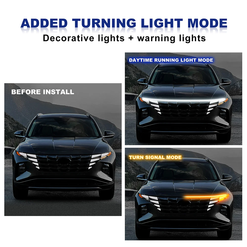 for Hyundai Tucson (2021-2023) 2M Car Hood Light Strip Two Color Variations Headlights Trim Dynamic Daytime Running Turn Hood