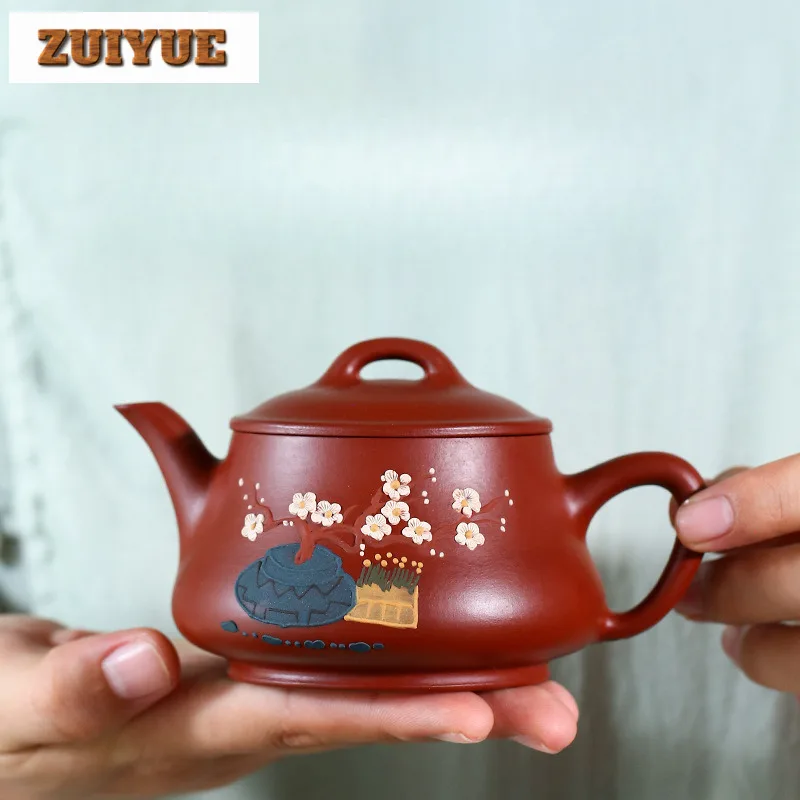 210ml Yixing Purple Clay Teapot Handmade Clay Painting Plum Blossom Pot Raw Ore Dahongpao Mud Making Kettle Strainer Zisha Tea