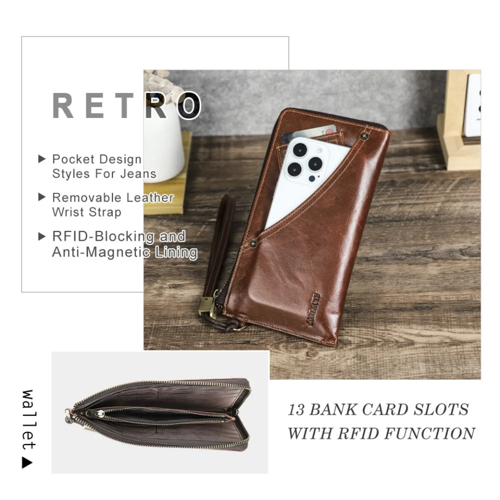 

Top layer cowhide RFID anti-theft credit card holder long-style men's wallet large screen phone storage business handbag