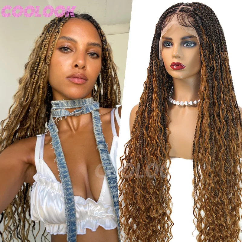 Boho Braided Wigs Synthetic Full Lace Front Wigs Blonde Curly Ends Hair Goddess Locs Cornrows Braid Wigs Knotless Box Braids Wig