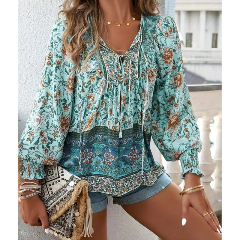 

Fashion Women's Shirt Spring Autumn V-neck Lace Up Long Sleeve Floral Print Top Bohemia Multicolor Loose Resort Style Lady Tops