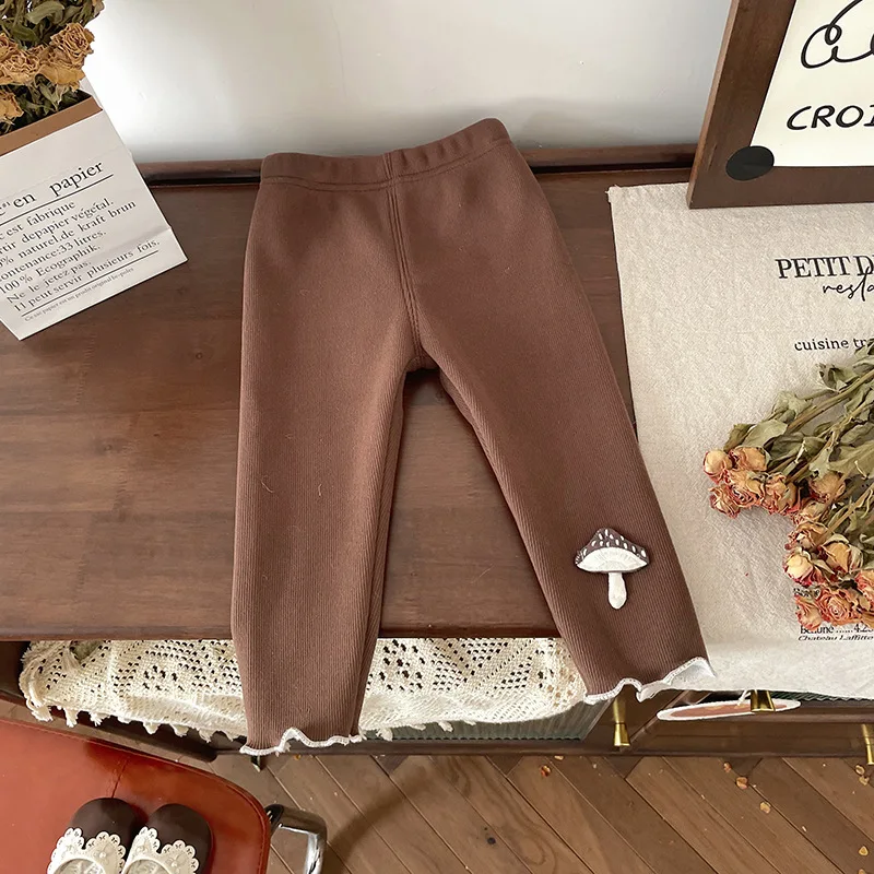 Autumn Ins Baby Girls Leggings Cotton Fleece Mushroom Patched Solid Warm Stretch Kids Girls Pants Toddler Girls Tight Pants