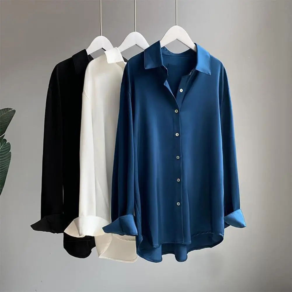 Women Blouse Women Shirt Stylish Women's Lapel Shirt with Long Sleeves Button Placket Solid Color Casual Commuter for Daily