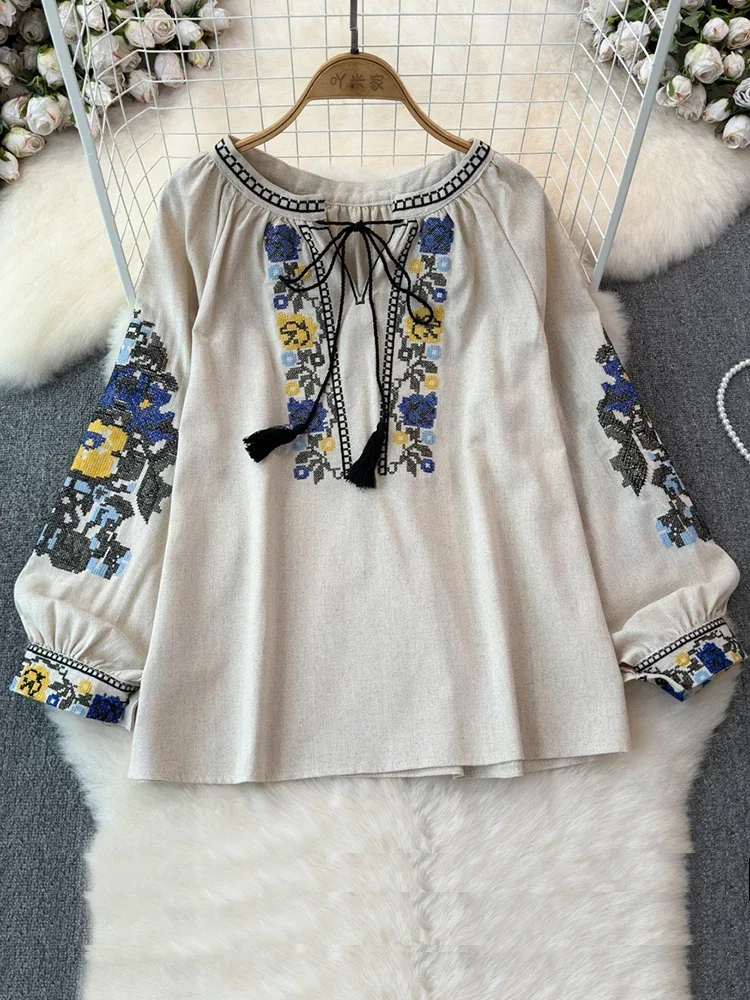 2024 Spring Retro Embroidered Shirt Top Female Lace Up Tassel Loose Lantern Sleeves Ethnic Style Blouse Female A70