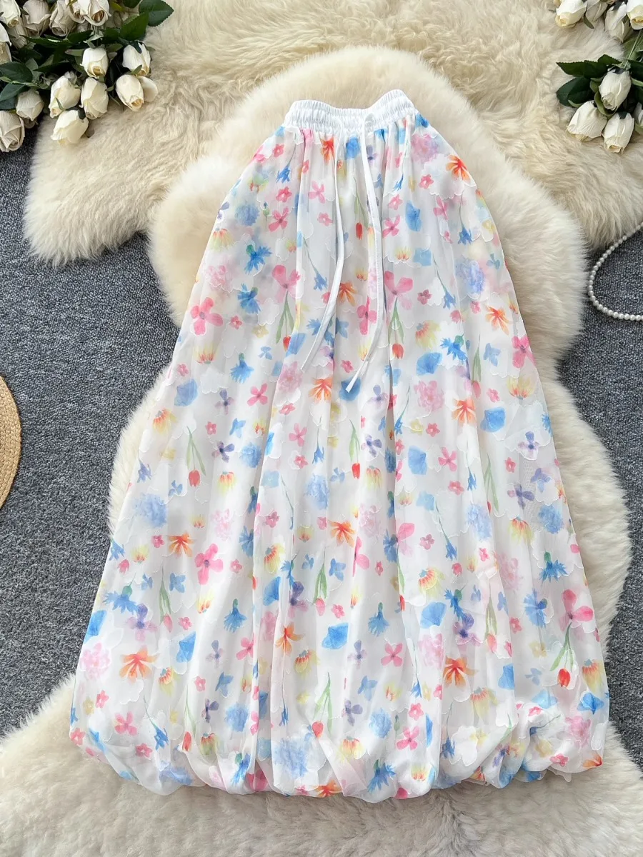 

Foamlina High Waist Slimming A Line Bloom Bubble Skirt Women Summer French Sweet Gentle Floral Mesh Versatile Pleated Skirt