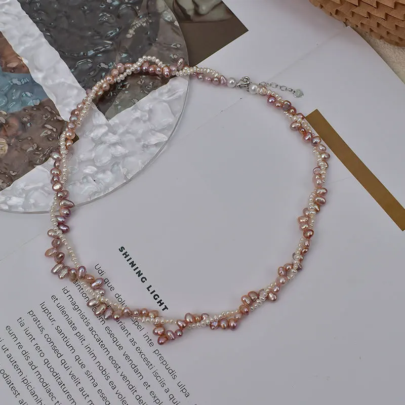 

Natural Freshwater Baroque Irregular Necklace Double Layer Purple Pearl Twist Chain Choker Collarbone