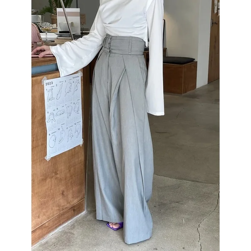 Loose Patchwork Pleated Trousers For Women High Waist Bandage Pockets Solid Casual Wide Leg Pants Female