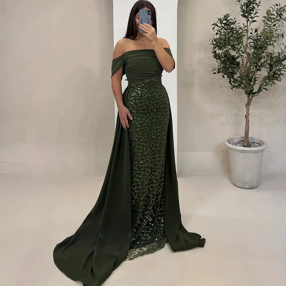Elegantes Abendkleid, maßgeschneidert, schulterfrei, U-Boot-Ausschnitt, Falten, Perlen, Pailletten, Meerjungfrau, Partykleid, Tanz- und Ballkleider