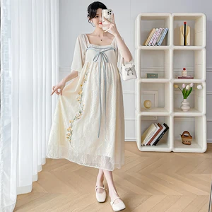 Vestido de renda bordado estilo chinês para gestantes, vestido maternidade hanfu, doce colarinho quadrado, feriado de gravidez, verão 10 principais vendas pregnant qipao - №3
