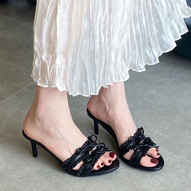 

Fashion Butterfly-Knot Women Thin Heels Slippers Shoes Footwear Round Toe Ladies Heeled Slippers Sandals Female Slides Shoes
