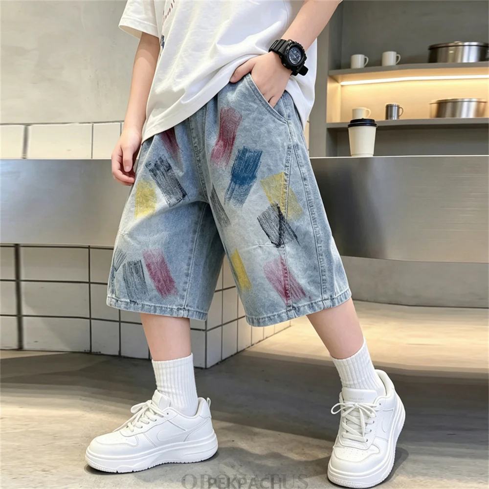 

Summer Children Graffiti Print Baggy Denim Shorts for Teen Boys Streetwear Bottoms Kids Casual Knee Length Shorts With Drawings