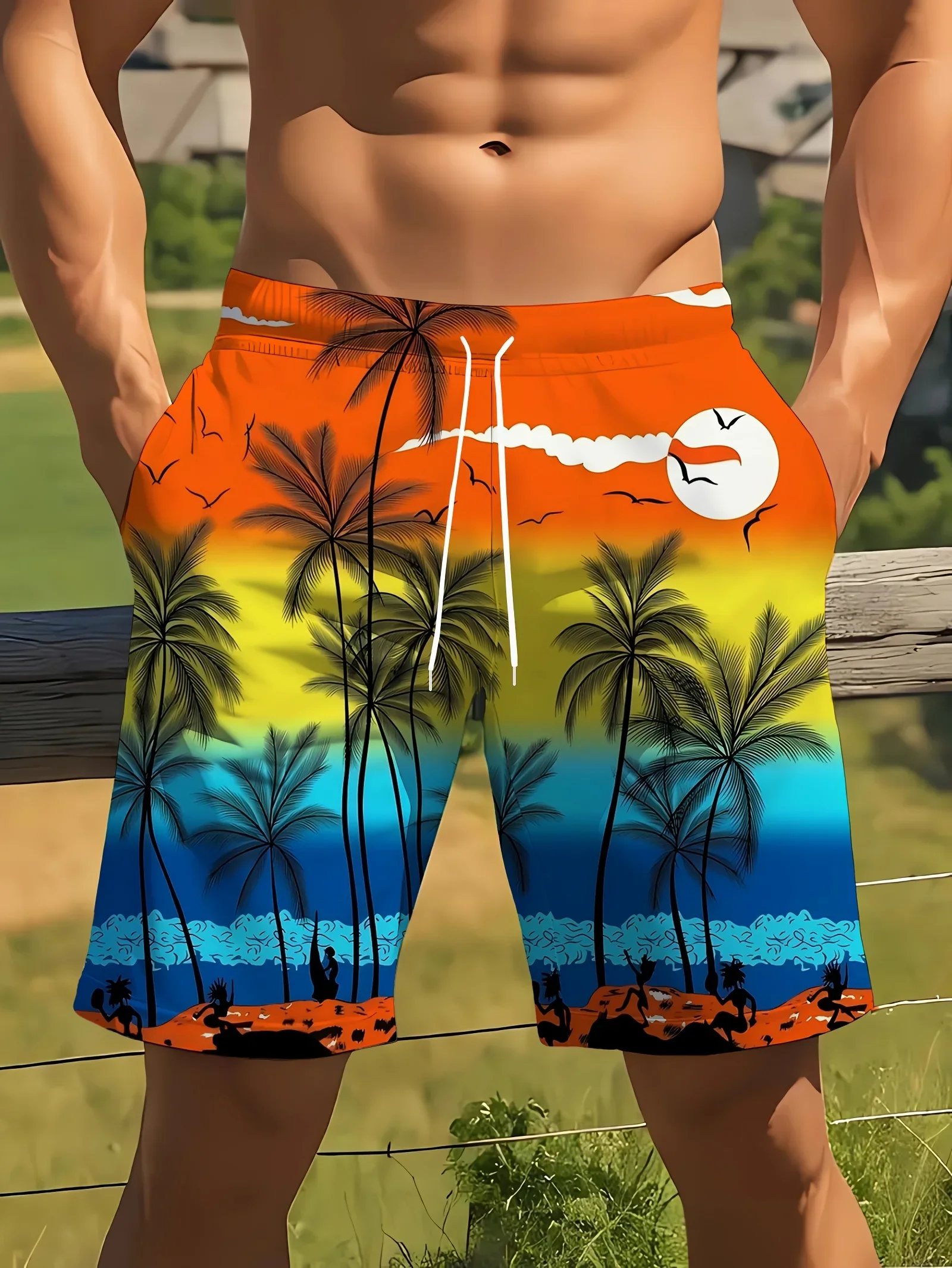 Bestseller Hawaii Swim Shorts Color Block Palm Leaf Print Stretch Elastic Waist Quick Dry Soft Polyester Side Pocket Trunks