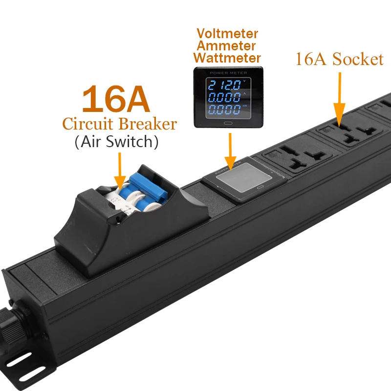 1U Engineering Network Cabinet Rack PDU Power Strip with Double Open Air Switch Current Voltage Digital Display Meter 2USB