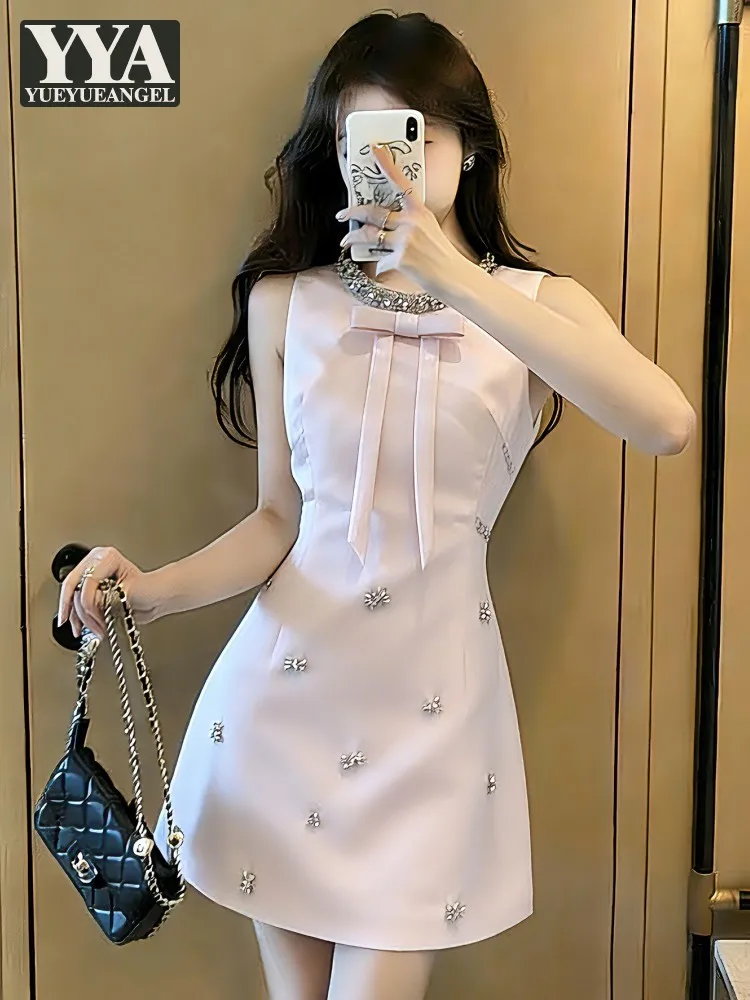 

Fashion Elegant Women Office New Sleeveless Tank Dress O-Neck Bowknot Slim Fit Dresses Birthday Party Banquet A-Line Short Dress