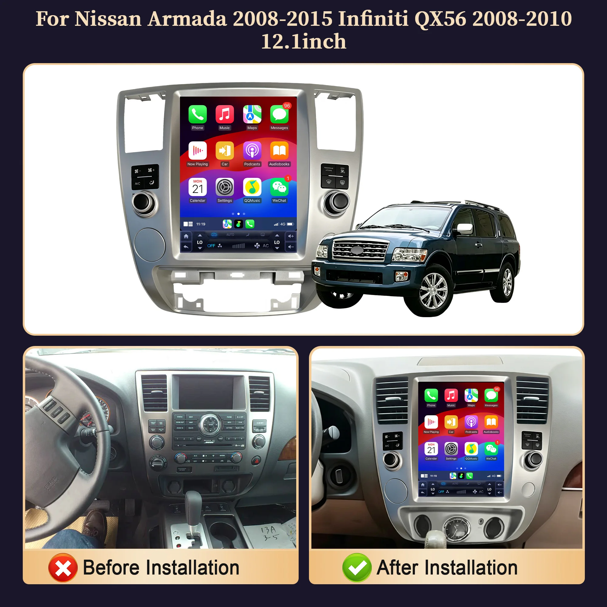12.1inch Car Radio For Nissan Armada 2008-2015 Infiniti QX56 2008-2010 4G Head Unit Wireless Bluetooth CarPlay