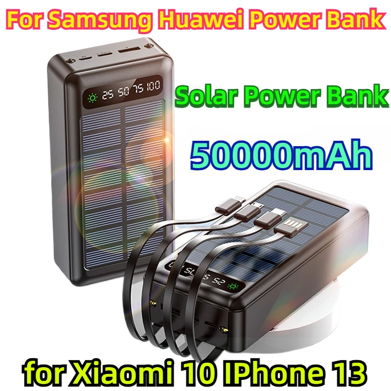 For Samsung Huawei Power Bank Solar Power Bank 50000mAh for Xiaomi 10 IPhone 13 Built in Cable Portable External Battery Charger