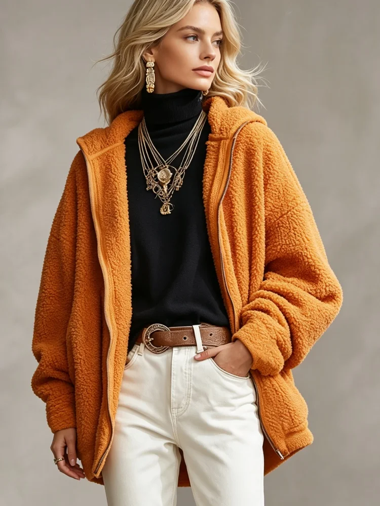 Women Loose Teddy Fleece Coat Hooded Zip Up Solid Orange Warm Sherpa Outerwear Fall Winter Daily Street Casual Jacket