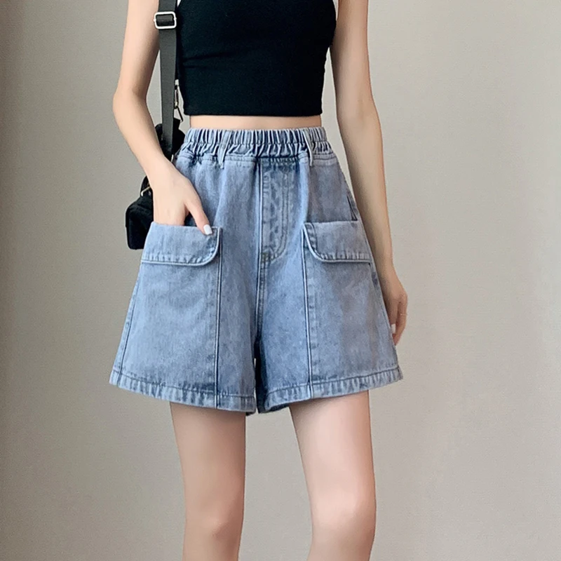 Shorts jeans de cintura elástica feminino, cintura alta, jeans curto de perna larga, streetwear simples, feminino que combina com tudo, casual, novo, verão