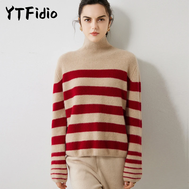 

YTFidio 100% Cashmere Women Contrasting Stripes Turtleneck Pullover Warm Loose Soft Pullover Female Tops 21