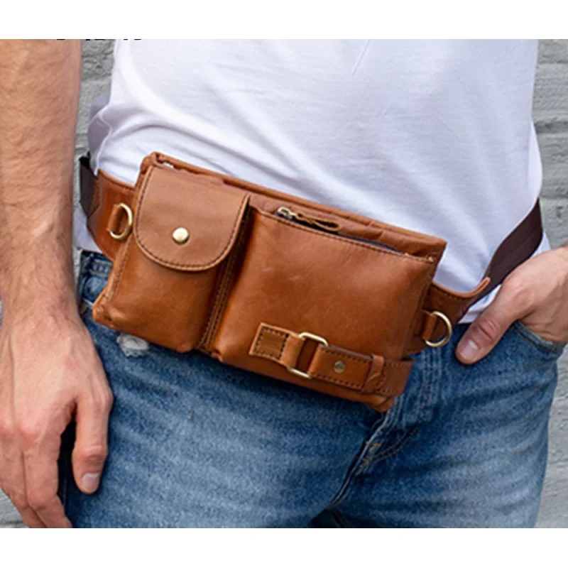 New Men's Top Layer Cowhide Single Shoulder Crossbody Bags Mobile Phone Waist Packs Bag Men's Crossbody Chest Waist Bag