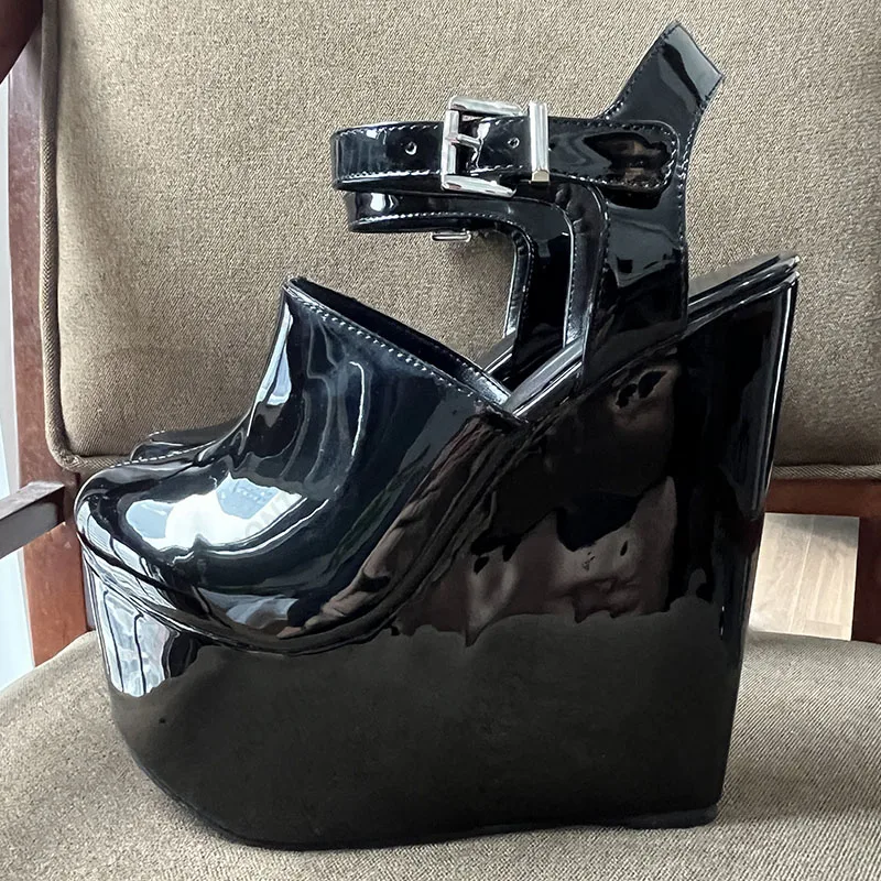 Ronticool Real Photos Women Pumps Buckle  Strap Sexy Wedges Heels Round Toe Classics Black Party Shoes Ladies US Plus Size 5-15