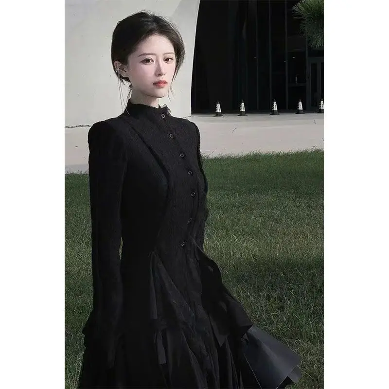 MAGOGO Autumn Winter New Retro Lace Slim Long Sleeve Top Irregular Spliced Long Skirt Sets Black Two Piece Sets Women Outfits
