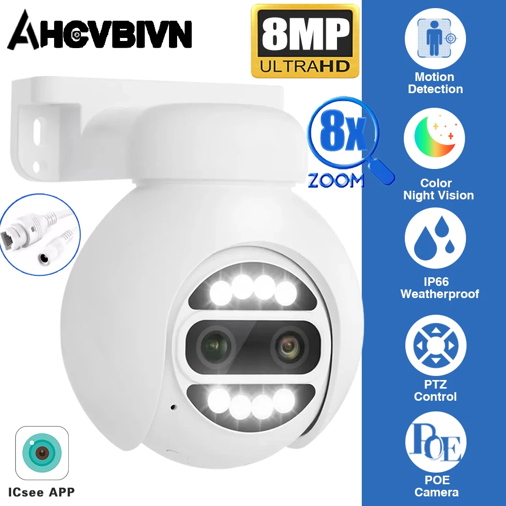 

﻿ 4K 8MP PoE PTZ IP-камера видеонаблюдения Видеонаблюдение Безопасность На открытом воздухе 8-кратный цифровой зум Двусторонняя двусторонняя цветная аудиосистема для POE NVR
