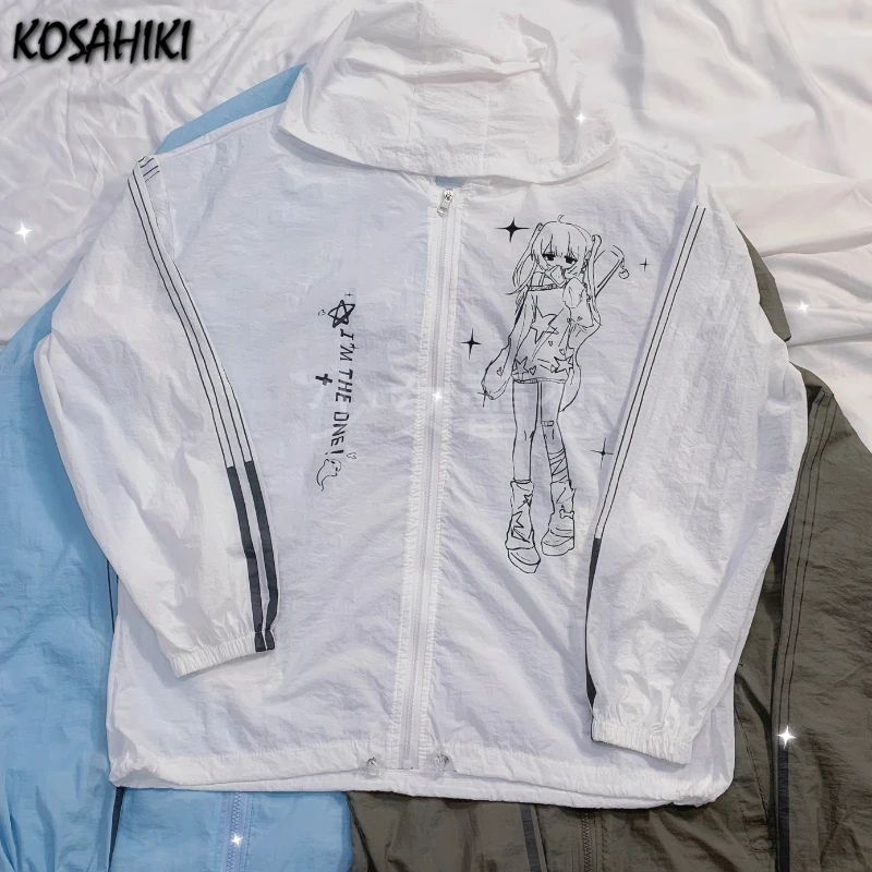 

2025 Summer Sun Protection Loose Hooded Coat Cartoon Printing Pockets Casual Jackets Women Y2k Aesthetic Loose Drawstring Coats