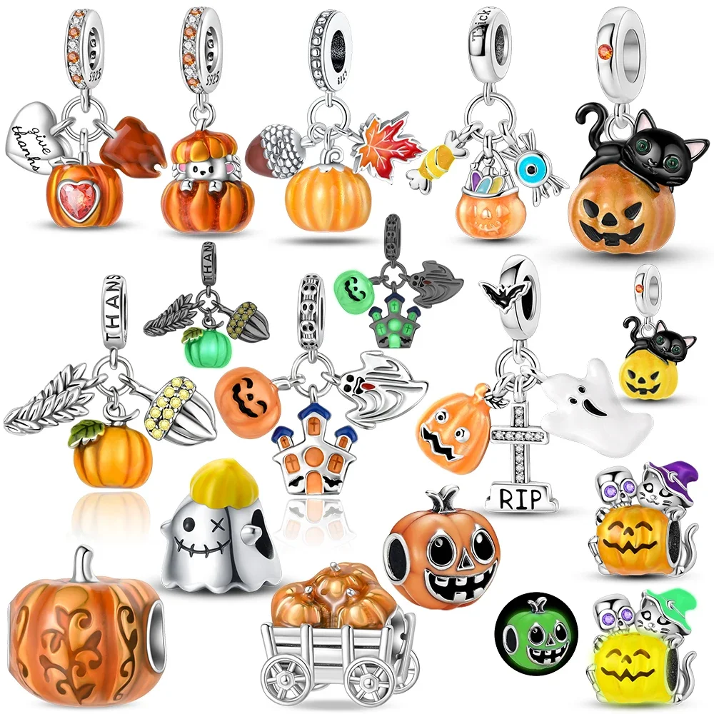 

925 Silver Original Yellow Luminous Pumpkin Cart Halloween Ghost Heart Charms Beads Fit Bracelet Jewelry Diy Women Birthday Gift