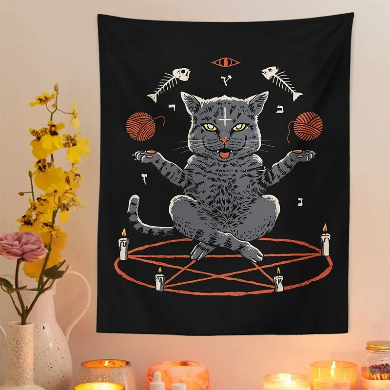 Cat Witchcraft Tapestry Wall Hanging For Living Room Bedroom Decor Tapestries Hidden Home Wall Black Cool Decor Cat Coven print