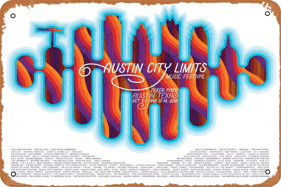 Austin City Limits Festival - 2018 poster Zilker Park Texas Retro Metal Tin Vintage Sign 12 X 8 Inch Wall Decor