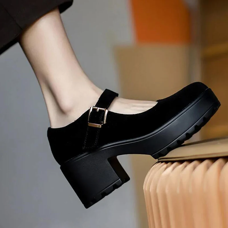 Autumn Women Flock Mary Jane Thick-soled Square-heeled Shoes Female Harajuku thick-heeled Japanese Single Shoes 2024 Pumps