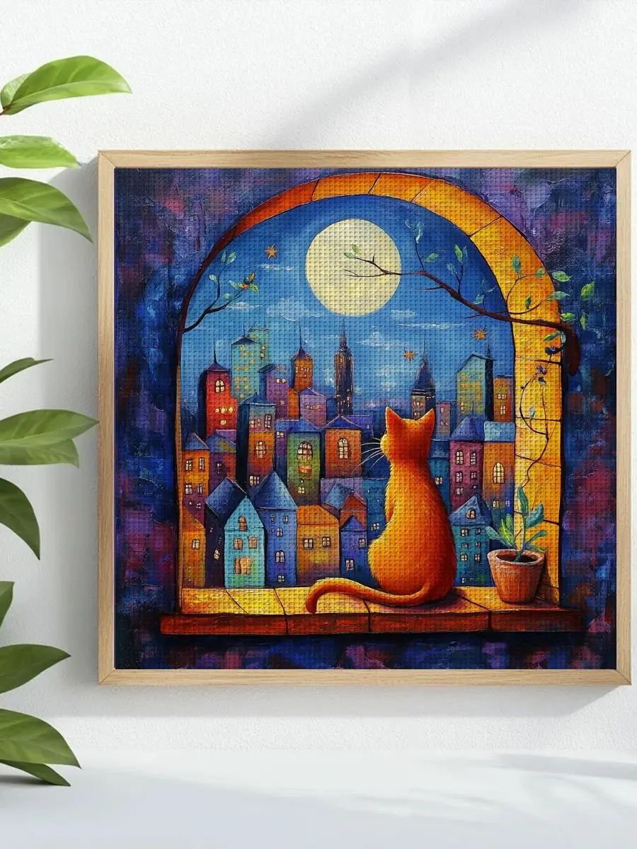 1 Stück 40x40 cm/15,74 Zoll Halloween Schwarze Katze Gestempeltes Kreuzstich-Set DIY-Kit 11CT/14CT DIY-Stickset DIY-Kreuzstich-Set – Detail 1