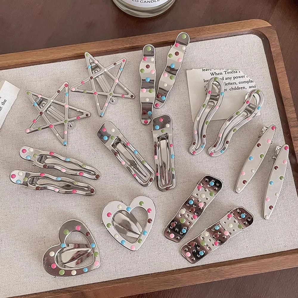 

2 шт. металлические заколки для волос в горошек, волнистые заколки из сплава, нескользящие металлические зажимы для челки, боковые заколки, геометрические заколки в форме сердца и звезды