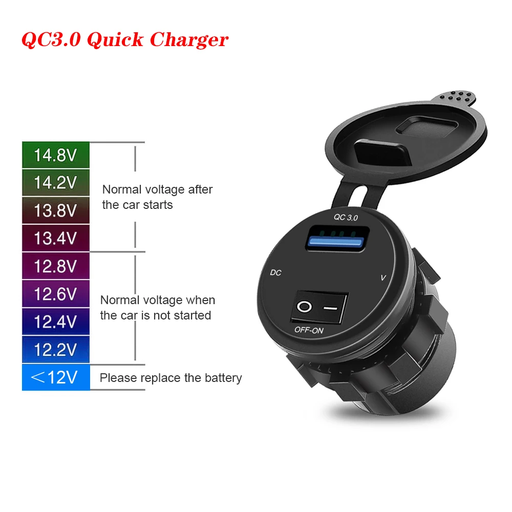 18W Car USB Charger Socket Waterproof Fast Charge Adapter with ON-OFF Switch QC3.0 Power Outlet for Car Motorcycle Marine