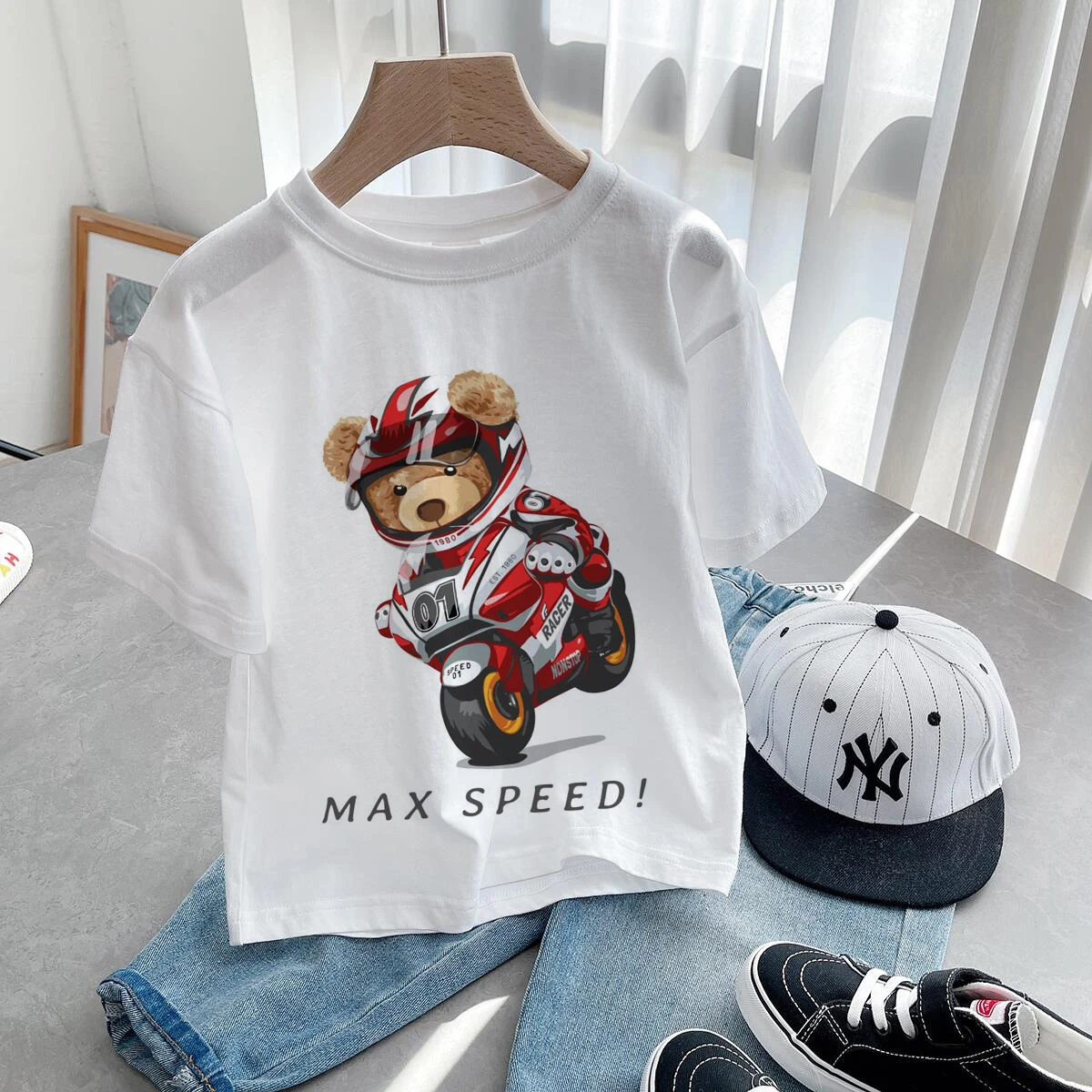 Skateboard Bear Print Boys/Girls White T-shirt black Kid Summer Harajuku Kawaii Funny Clothes Little Baby Y2K Clothes,Drop Ship