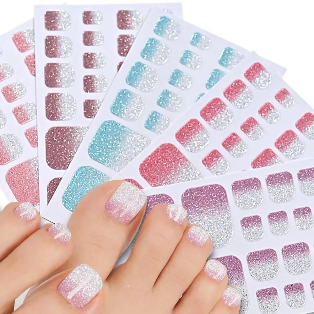 22tips/Sheet Gradient Glitter Toe Nail Stickers Waterproof Solid Color Shimmer Finish Self Adhesive Toenail Decals