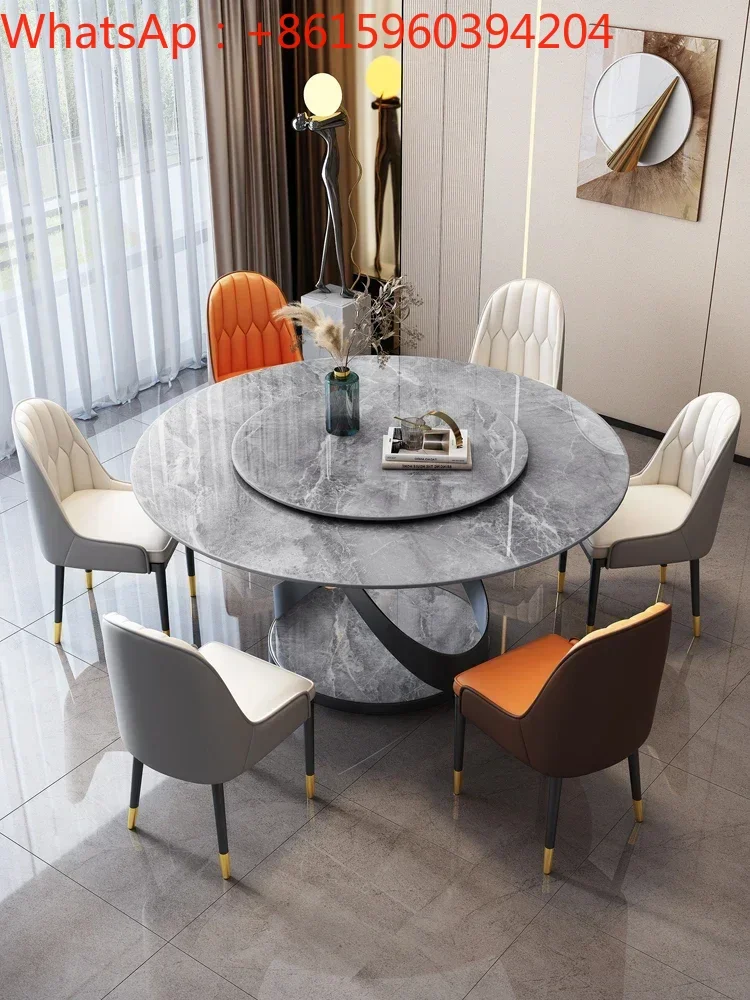 Marble circular dining table and chair combination, household round table with turntable, Italian rock plate dining table,