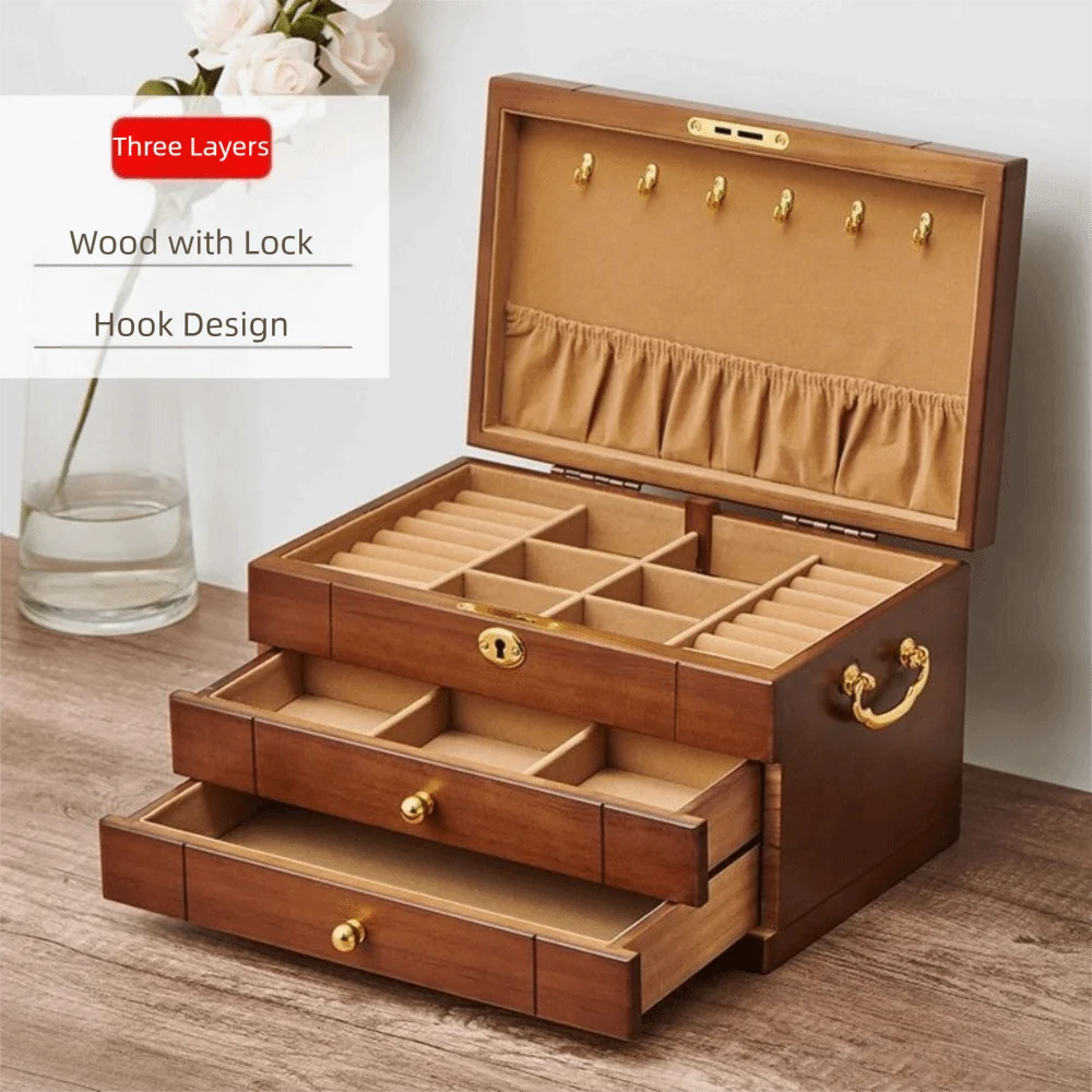 

Wooden Jewelry Box Drawer style Multi-Layer Jewelry Organizer Large Capacity with Lock Earrings Bracelets Display Stand Woman