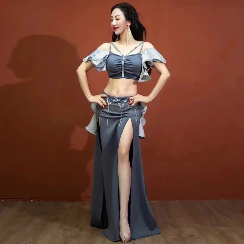 customized bellydancewear performance Practice set with lotus leaf rhinestones chest cotton suspender top double slit long skirt