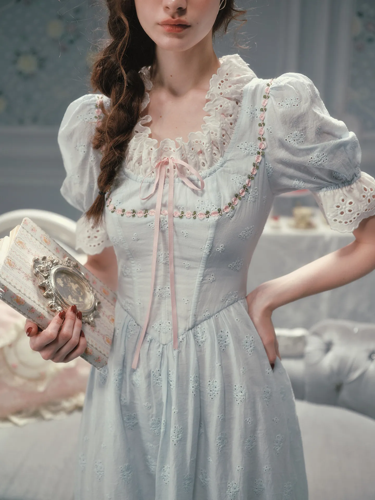 TIYIHAILEY Sommer Damen Kleid Kurzarm Lang Mittelkalb Damen 100 % Baumwolle XS-XL Vintage Hohe Taille Stickerei Spitze Blaues Kleid