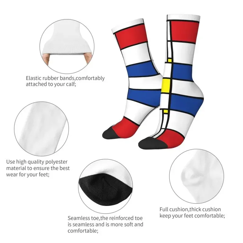 Piet Mondrian-Chaussettes d'équipage d'art abstrait pour hommes, motif géométrique unisexe, mode minimaliste, printemps, été, automne, elin