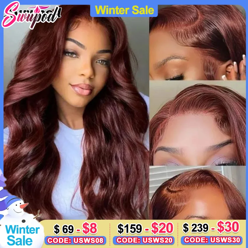 

Swupod 13x4 13x6 200 Density Transparent HD Lace Front Wig for Women Body Wave Remy Human Hair 33# Reddish Brown Color Glueless