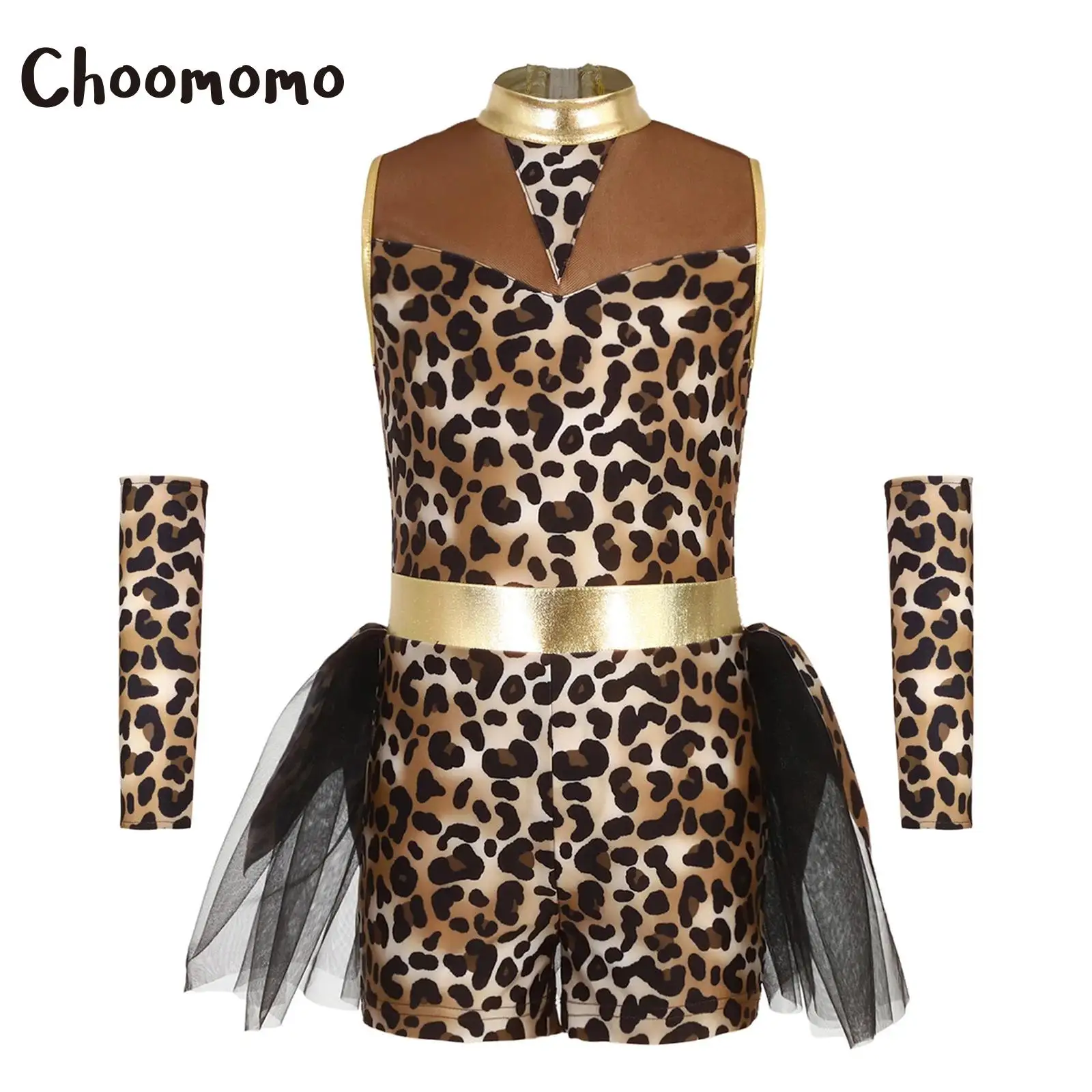 

Girls Prehistoric Cave Stone Primitive Halloween Caveman Cosplay Leopard Print Jumpsuit And Gloves Metallic Tutu Skirt Rompers