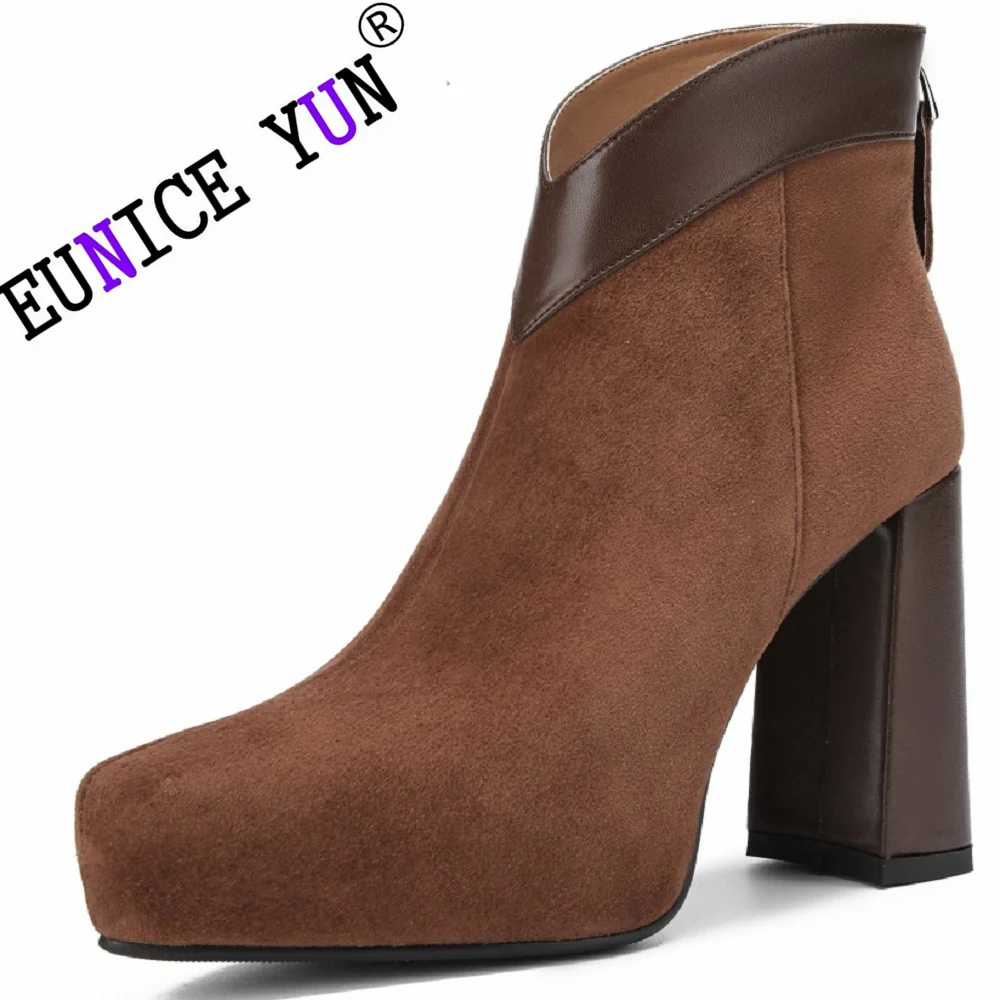 

【EUNICE YUN】Women's New Brand Genuine Leather Autumn Winter Warm Ankle Boots CHunky High Heels Platform Zipper Dress Party Lady